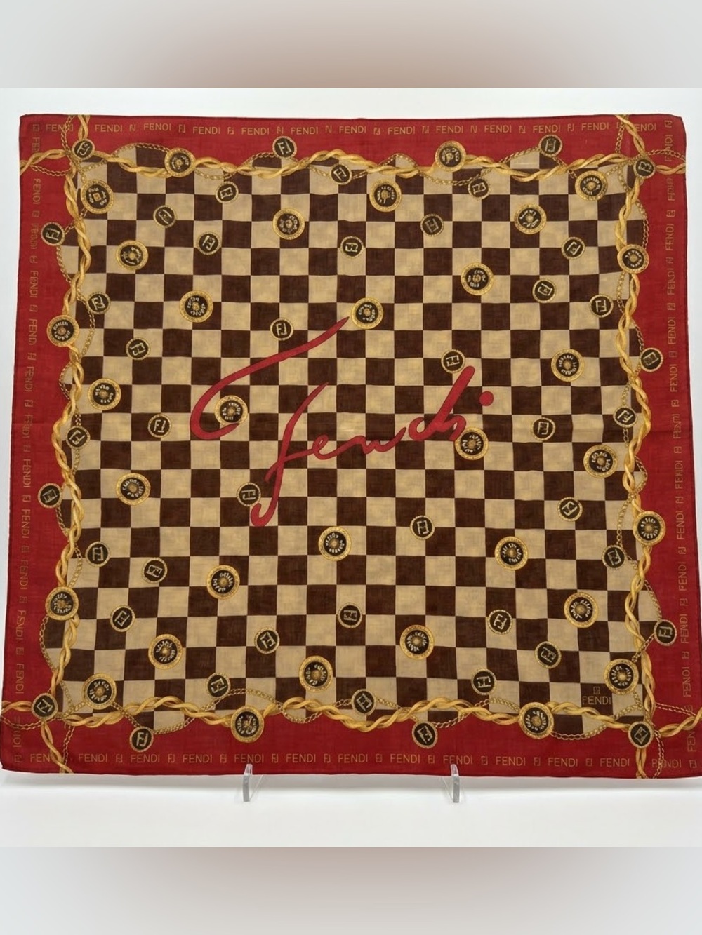 VINTAGE FENDI Brown Red Gold Chain Checkerboard Logo Scarf Bandana 18"x18" - Picture 2 of 4